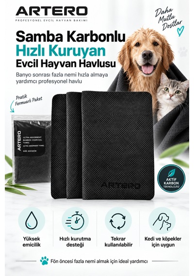 Artero Samba Hızlı Kuruyan Evcil Hayvan Kedi Köpek Havlusu Islak Kullanım Karbonlu 80x30 Cm
