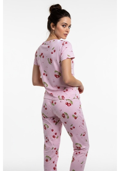 Kompedan Kadın Bisiklet Yaka Yumuşak Dokulu Büyük Kiraz Desenli Kısa Kol Pijama Takım Pembe 70132-4668