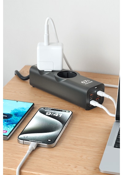 Masaüstü Şarj Cihazı 6 İn 1 Fc54 67w Gan 3x Usb-c + Usb-a + 2 Prizli Power Strip Laptop Hızlı Şarj Hub 1.5m Kablo