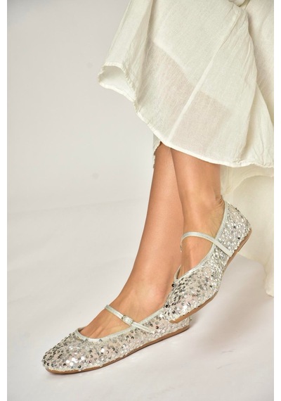 Fox Shoes Y250322040 Gümüş Kumaş Pullu Kadın Babet Gümüş