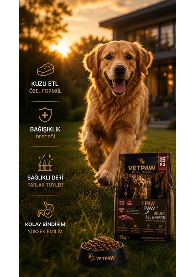 Vetpaw Kuzu Etli Yetişkin Köpek Maması Yüksek Proteinli Premium Kuru Mama 15 KG