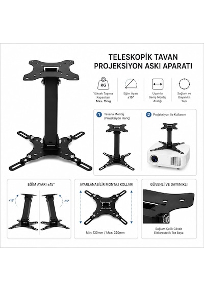 Teleskopik Projeksiyon Askısı Tavan Aparatı, Universal Projektör Montaj Braketi, Ayarlanabilir Projektör Tavan Askısı, Çelik Projektör Taşıyıcı Stand, Projeksiyon Cihazı Tavan Bağlantı