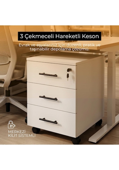 Antrasit 3 Çekmeceli Hareketli Keson, Merkezi Kilitli Ofis Dolabı, Tekerlekli Çalışma Masası Altı Komodin, Dosya Diğer