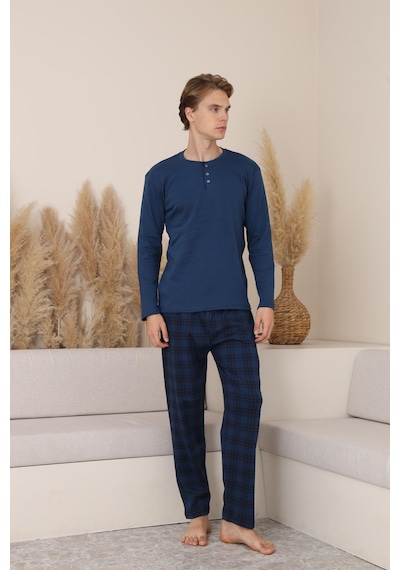 Mutlu City Erkek İnterlok Rahat Kalıp Sıfır Yaka Pamuk Pijama Takımı 6772 İndigo