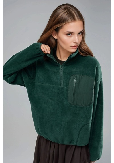 Hiccup Busem Fermuarlı Yakalı Peluş Örme Sweatshirt, Cepli Çam Yeşili