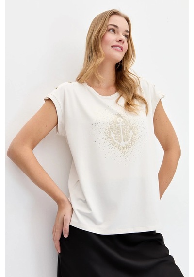 Desen Triko Kadın Sıfır Yaka Önü Taşlı Çapalı T-shirt Kmy24024 Ekru