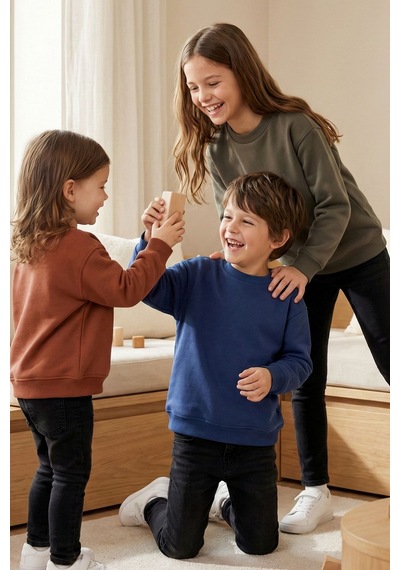 Zuzunga 3'lü Basic Şardonlu Çocuk Sweatshirt Kahverengi-haki-lacivert
