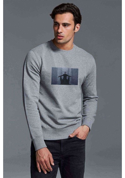 Marilyn Manson Baskılı Gri Erkek Örme Sweatshirt