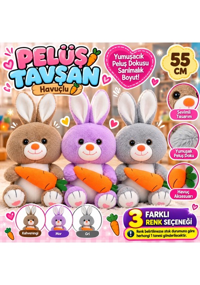 Peluş Tavşan Havuçlu 55 Cm Yumuşak Sevimli Büyük Tavşan Peluş Oyuncak 1 Adet Çok Renkli