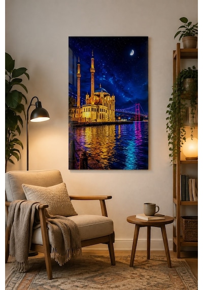 Ortaköy Camii Baskılı Cam Tablo Gece Boğaz Manzaralı Duvar Dekoru