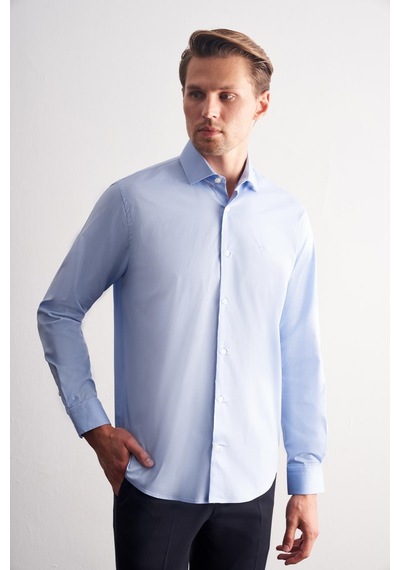 İmza Mavi Yarım İtalyan Yaka Uzun Kol Slim Fit Pamuklu Gömlek 1004255189 Mavi