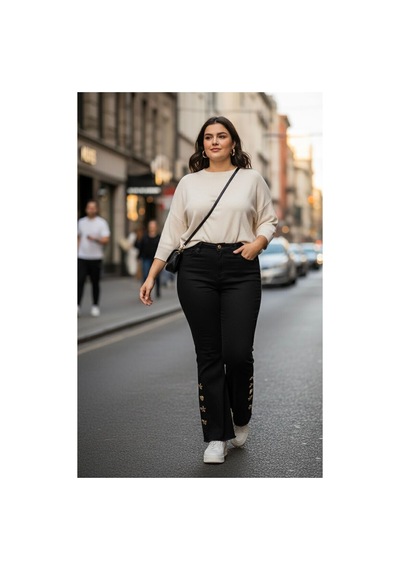Zdnjeans Battal Paçası İşlemeli Likralı Pantolon Siyah