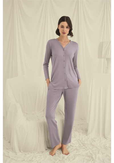 3dsepetim Uzun Kollu Boydan Düğmeli V Yaka Pijama Takımı Grı