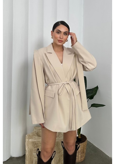 Msm Fashion Kadın Oversize Blazer Ceket Kuşaklı Omuz Detaylı Bej