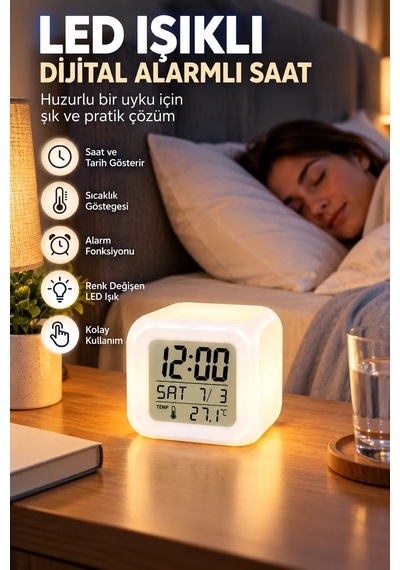 Dekoratif Küp Saat Led Işıklı Dijital Saat Alarm Ve Sıcaklık Özellikli