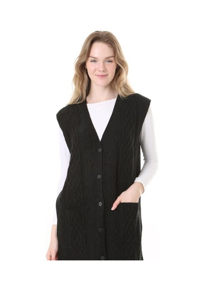 Fresh & Moda Kadın Yün Kışlık Anne Uzun Triko Yelek Lacivert