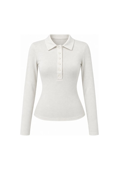 Mixray 2246 Kadın Polo Yaka Düğmeli Uzun Kollu Slim Fit Bluz Beyaz
