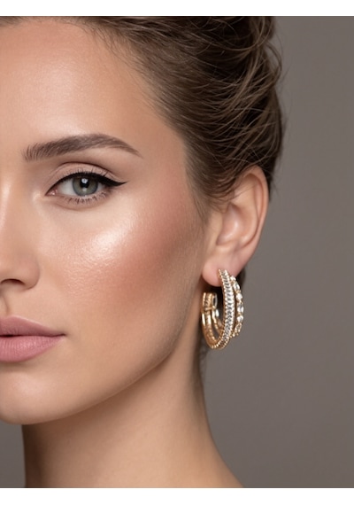 İkili Yarım Halka Model Zirkon Taşlı Antialerjik Vip Halka Gold Renk Küpe Antialerjik Gold