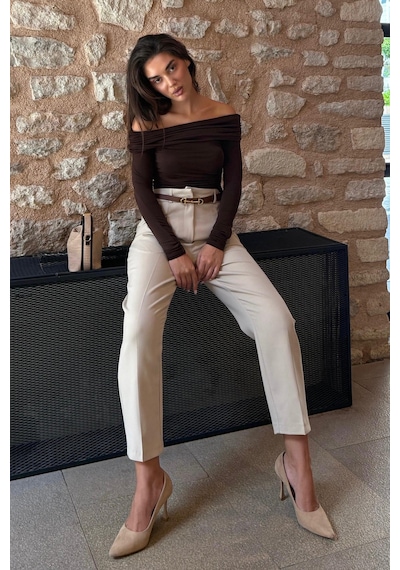 Madmext Taş Rengi Yüksek Bel Pileli Kadın Kumaş Pantolon Mg2507 Taş Rengi