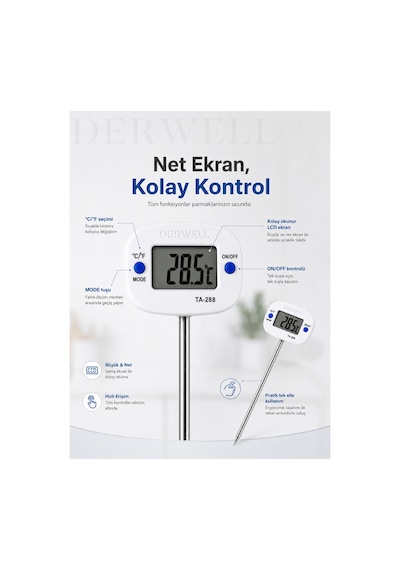 Ta-288 Dijital Mutfak Termometresi Paslanmaz Çelik Saplamalı Prob Yemek Süt Yoğurt Mangal Isı Ölçer Geniş Lcd Ekranlı Derece Hızlı Ölçüm Modu Santigrat Fahrenheit Ayarlı Pratik Gıda Termometre