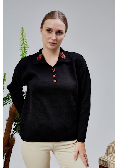 Kadın Polo Yaka Oversize Çiçek Nakışlı Triko Kazak Siyah Siyah