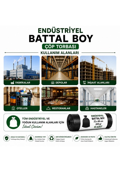 Endüstriyel Çöp Torbası Battal Boy 72x95 Cm 30 Adet 3 Rulo Sızdırmaz Kalın 300 Gram
