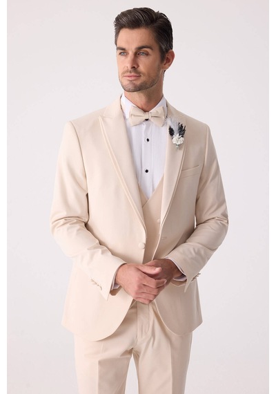 Ysf Erkek Slim Fit Sivri Yaka Yelekli Damatlık Bej