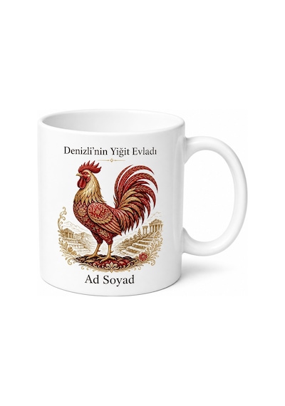 Denizli Horoz Temalı Kişiye Özel Memleket Kupa Bardak Hediye Beyaz / Çok Renkli