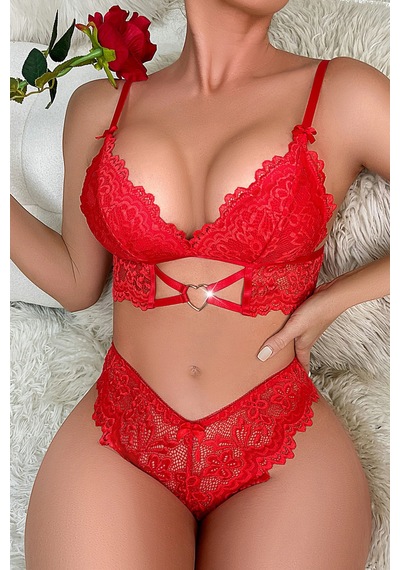 Moda Dua Kadın Kırmızı Tokalı Çapraz Lastik Detaylı Dantel İç Çamaşır Takımı