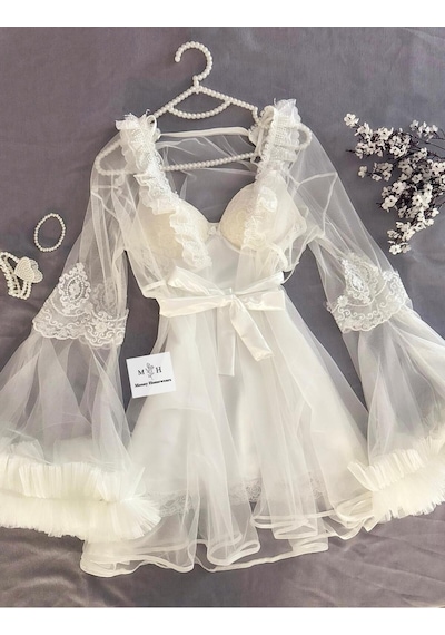 Mh Moony Homewears Ultra Lüks Kutulu Moony Beyaz Saten Gecelik Tül Sabahlık Seti Beyaz