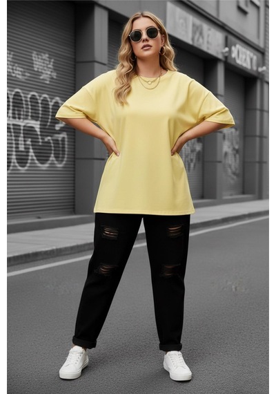 Mily Kadın Büyük Beden Battal Basic Bisiklet Yaka Pamuklu T-shirt Rahat Kesim Unisex Sevgili Kombini Sarı