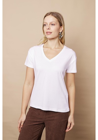 Jument Kadın V Yaka Kısa Kol Likralı Span Kumaş Şık T-shirt Bluz-beyaz Beyaz
