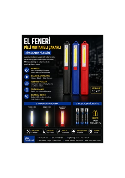 Pilli Mıknatıslı Çakarlı Led El Feneri 15 Cm 3 Kademe Aydınlatma 3 Adet Aaa Pil Hediye Mavi - 899228553 Mavi