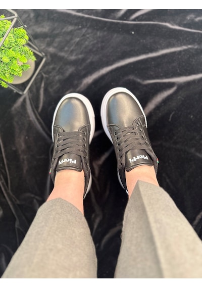 Günlük Kadın Spor Ayakkabı Ortopedik Vegan Deri Bağcık Hafif Kalın Yüksek Taban Yürüyüş Sneaker 102 Siyah - Beyaz Günlük Kadın Spor Ayakkabı Ortopedik Vegan Deri Bağcık Hafif Kalın Yüksek Taban Yürüyüş Sneaker 102 Siyah - Beyaz