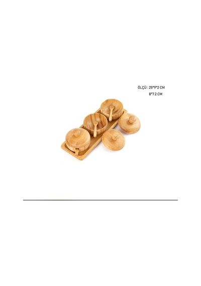 Bambu Baharatlık Kaşıklı Baharatlık 3 Lü Kapaklı Krem