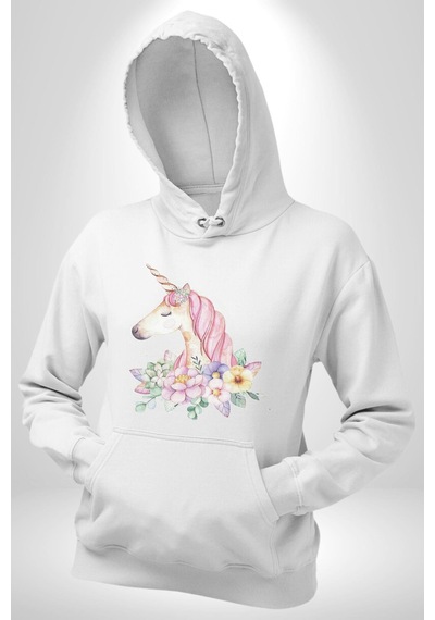 Unicorn Çiçek Kadın Erkek Beyaz Kapüşonlu Sweatshirt Hoodie Beyaz