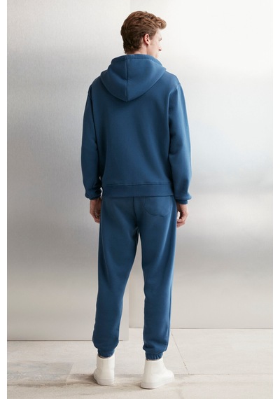 Grimelange Aksel Erkek Yumuşacık Organik Pamuk Oversize Fermuarlı Baskılı Kapüşonlu Mavi Sweatshirt Mavi