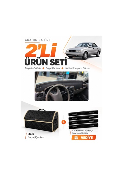 Nissan Sunny 1990-1995 Uyumlu Torpido Örtüsü + Deri Bagaj Çantası + Sticker Seti - Siyah Bej