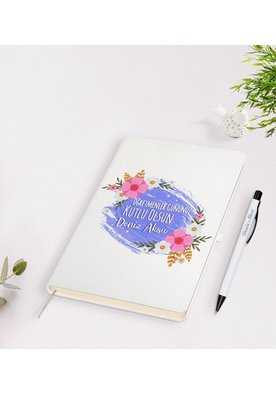 BK Gift Kişiye Özel Öğretmenler Günü Tasarımlı Beyaz Defter Kalem
