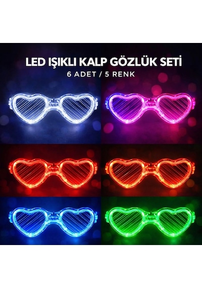 Led Işıklı Kalp Glow Pilli Parti Gözlüğü 6 Adet / 5 Renk Set Diğer