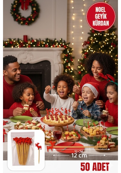 Yılbaşı Geyiği Kürdan 12 Cm 50 Li Paket Tatlı, Kanepe, Pasta Süsleme Yılbaşı Parti Kürdanı
