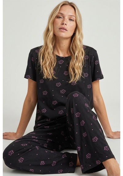 Siyah İnci Bisiklet Yaka Örme Pijama Takım Siyah Pembe Çiçek