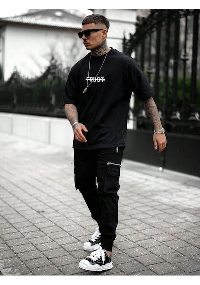T-shirt - Trust Baskılı Oversize Bisiklet Yaka Kısa Kol Tişört Siyah