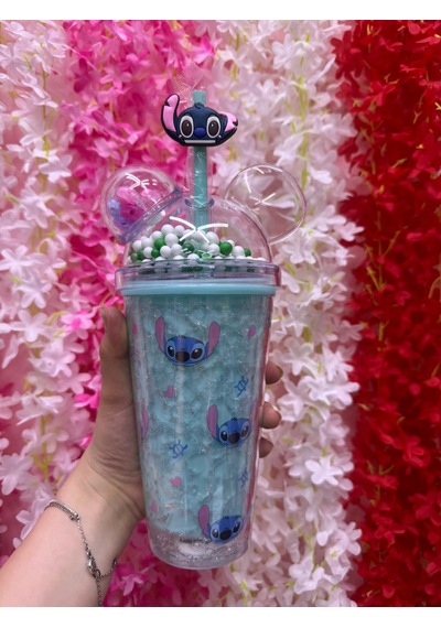 Stitch Desenli Pipetli Suluk Bardak Buzlu Cam Görünümlü Sevimli Şık Bardak Mavi