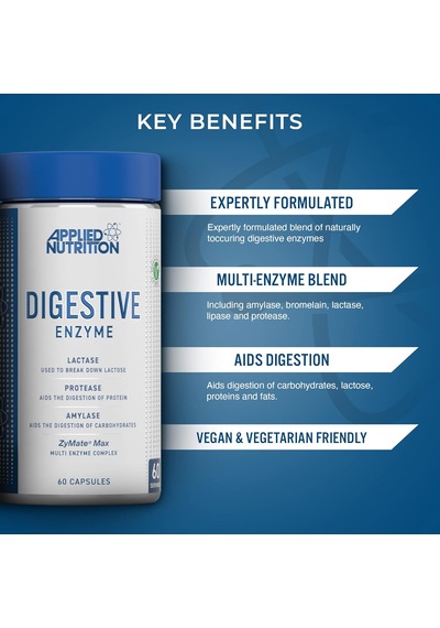 Applied Nutrition Digestive Enzyme Lactase Protease Amylase Digestion Flatulence Control 60 Aromasız