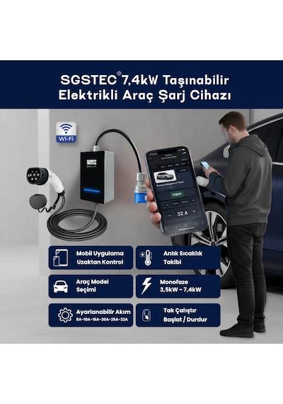 SGSTEC Home 7.4 KW 5 Metre Kablolu Elektrikli Araç Şarj Cihazı