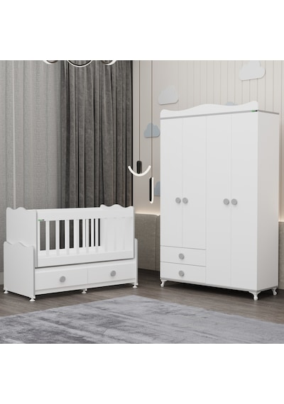 Elegant Beşik Ve Yıldız 4 Kapaklı Dolap- Gri Beyaz