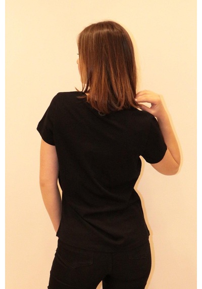 Rich Kadın Bisiklet Yaka T-shirt %100 Pamuk Tişört SIYAH