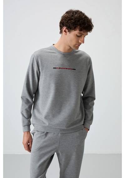 Tommy Life Gri Melanj Pamuklu Kalın Yumuşak Dokulu Comfort Fit Baskılı Erkek Eşofman Takım - 85239 GRİ MELANJ