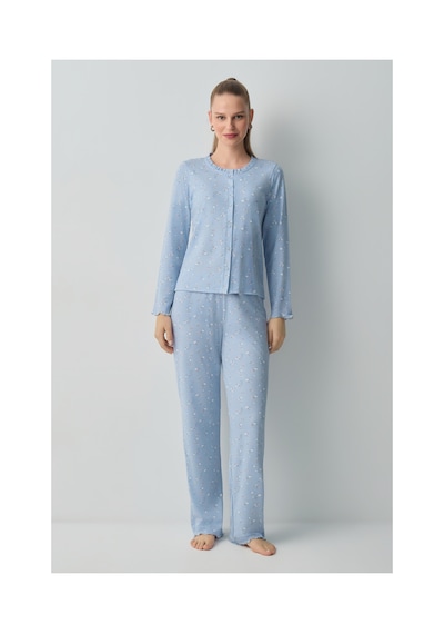 Suwen Mina Gömlek Yaka Pijama Takımı Wsh10510038348 Mavi